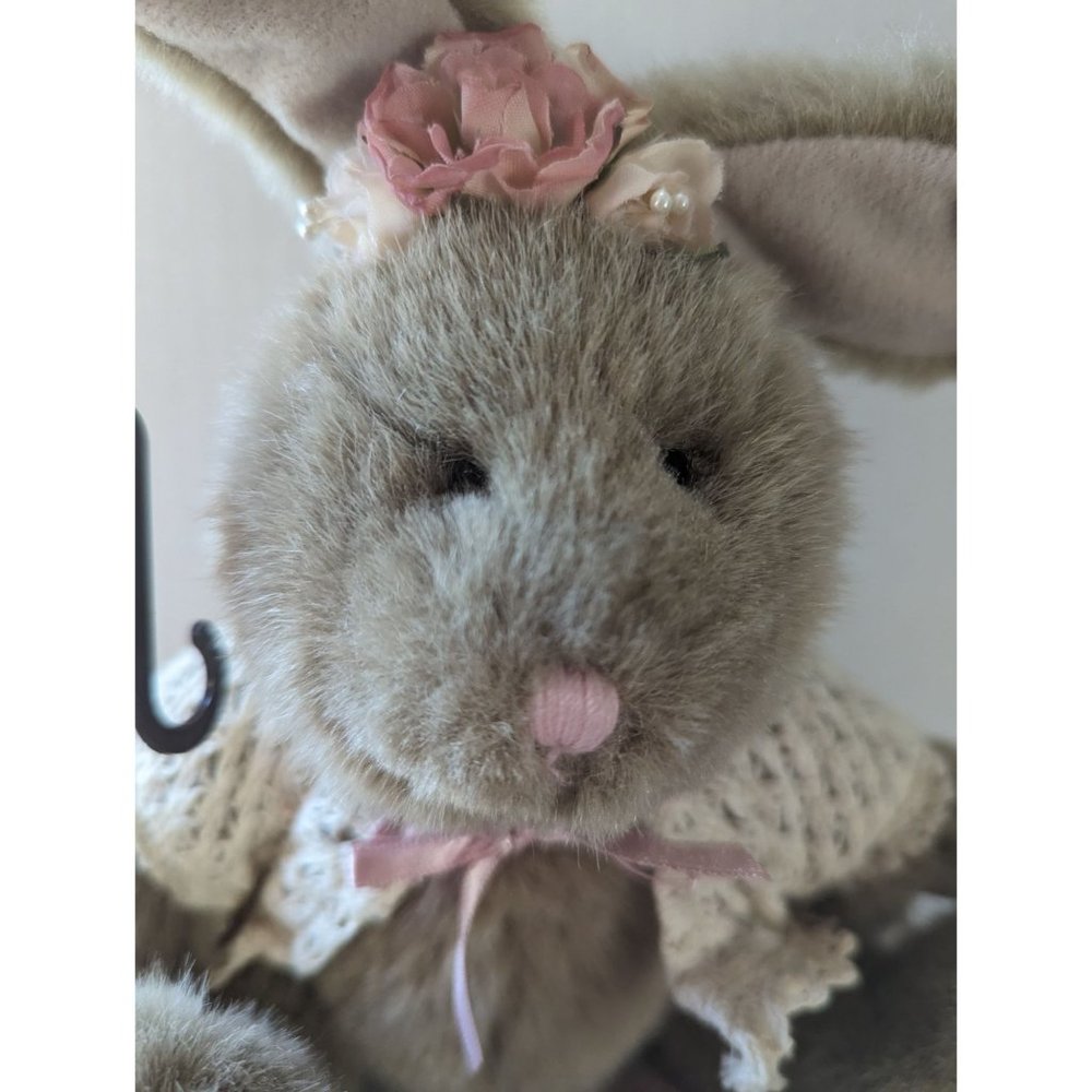 Russ Misty jointed stuffed rabbit pink ribbon flower w/shall tan beige fur 6 in - Picture 2 of 7